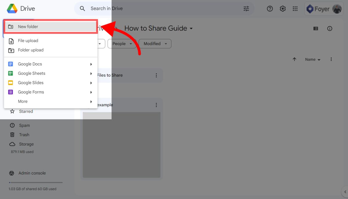 Creating a new folder in Google Drive